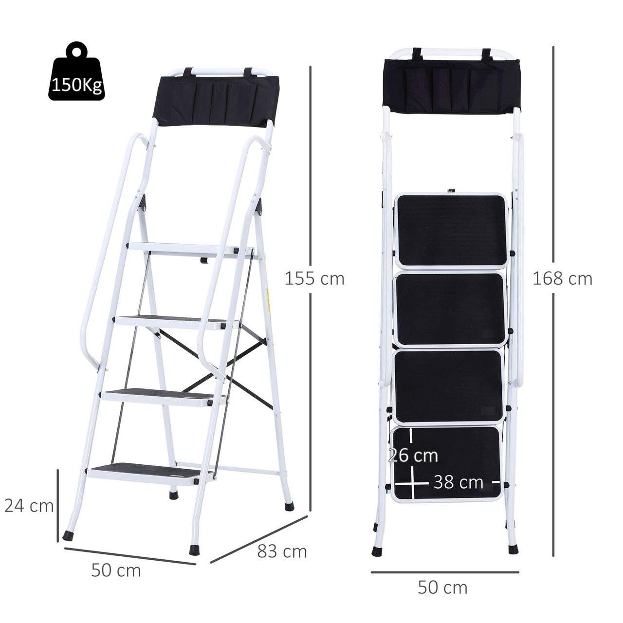 HOMCOM Klapptritt Stehleiter mit 4 Stufen Trittleiter mit Griff Tasche bis 150kg