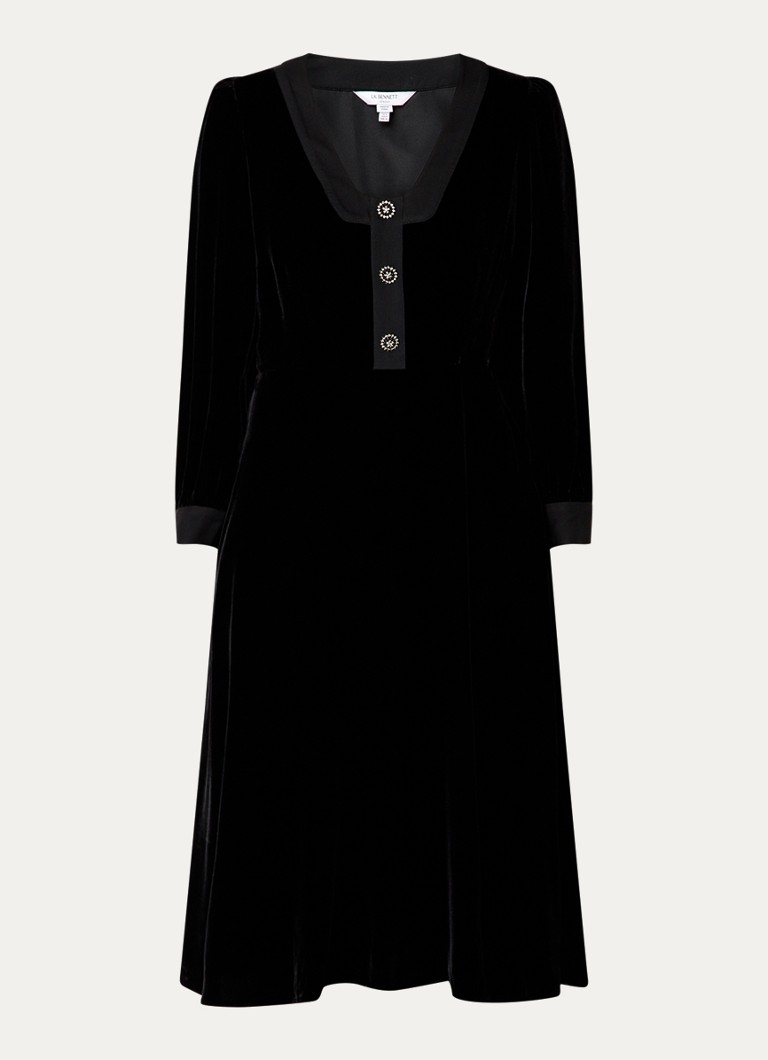 Rochie-tunic midi Cordelia din catifea de la LKBennett, împodobită cu nasturi decorativi.