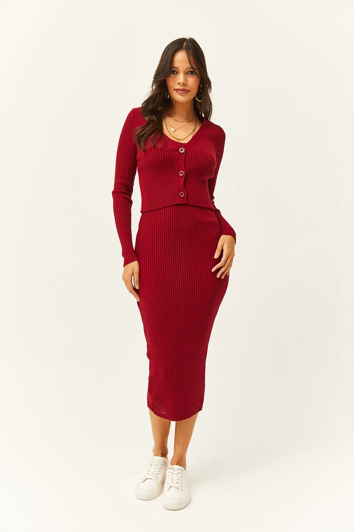Olalook  Zweiteiliger Strickanzug für Damen in Burgunderrot, Strickjacke, TKM-19000223