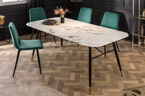 riess-ambiente Esstisch PARIS 180cm weiß / schwarz-gold, Kristallglas · Marmor-Dekor · Retro
