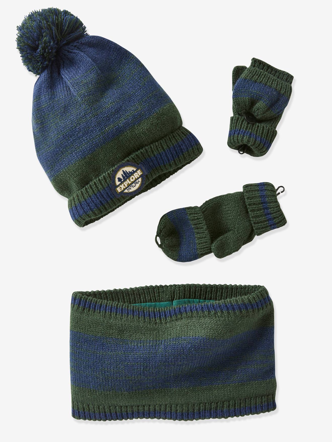 Ensemble garçon bonnet + snood + moufles/mitaines vert
