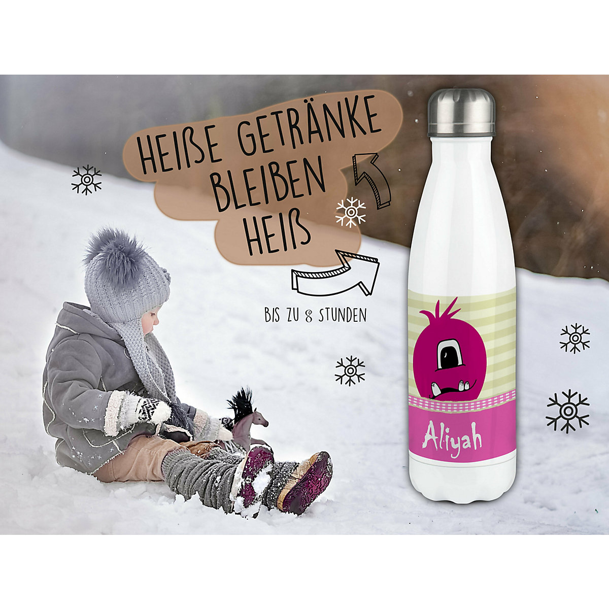 Edelstahl Kinder Thermoflasche / Trinkflasche bunt Monster Karo Farbe rosa Spülmaschinenfest, Auslaufsicher, Bruchfest, Doppelwandig, Für Heißgetränke geeignet, Mit Deckel, Isoliert
