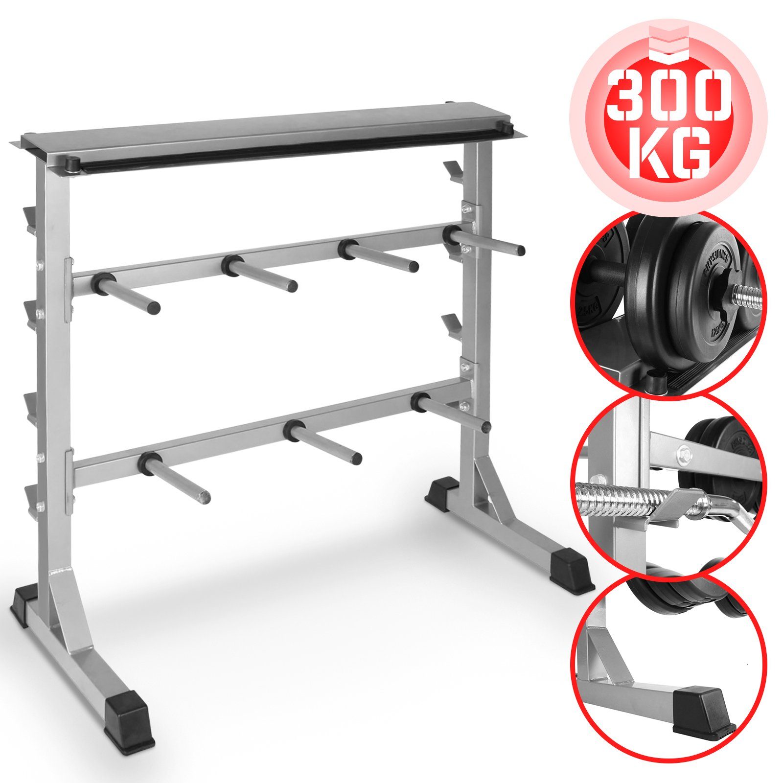 Physionics Langhantelstange Hantelablage - Ø 25mm, max. 300kg, 3 Ebenen, Stahl