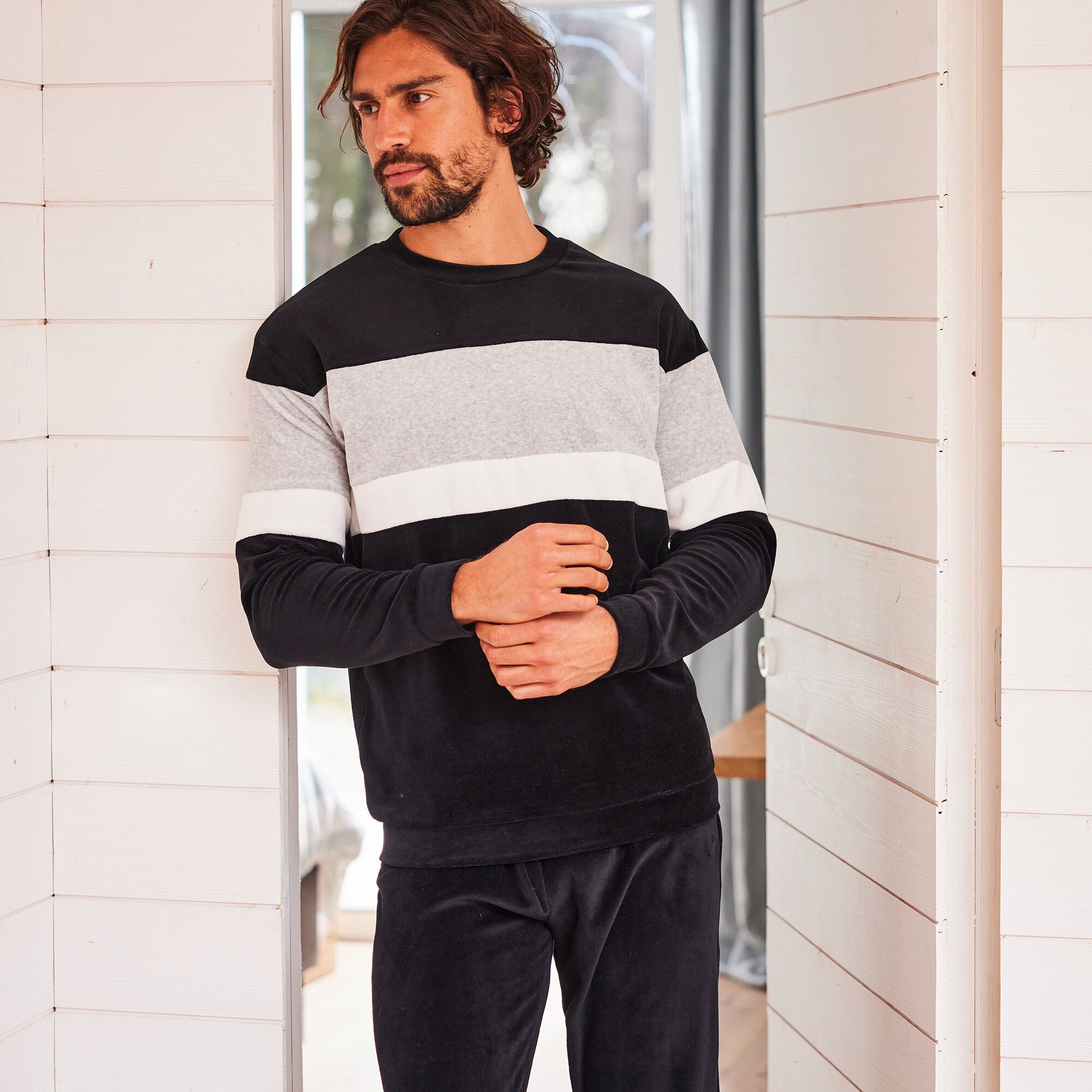 Pyjama tricolore velours manches longues