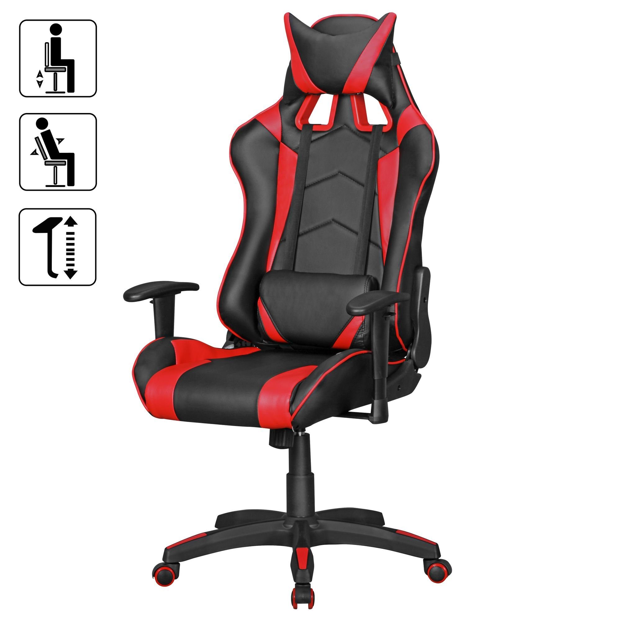 FINEBUY Gaming Chair SuVa6259_1 (Kunstleder Schwarz / Rot Schreibtischstuhl Drehbar), Bürostuhl Chefsessel Racing, Drehstuhl Sport Optik