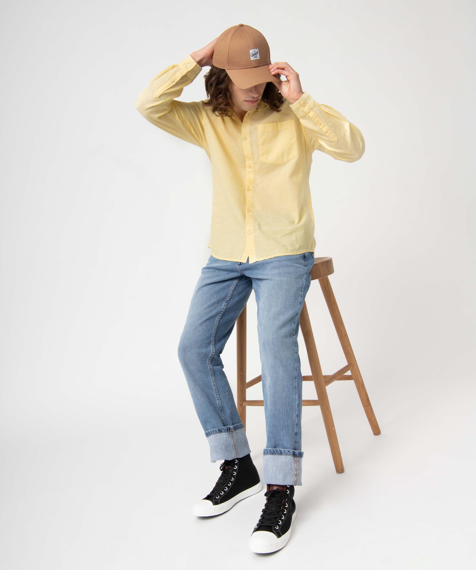 Chemise homme à manches longues en lin mélangé jaune | GEMO