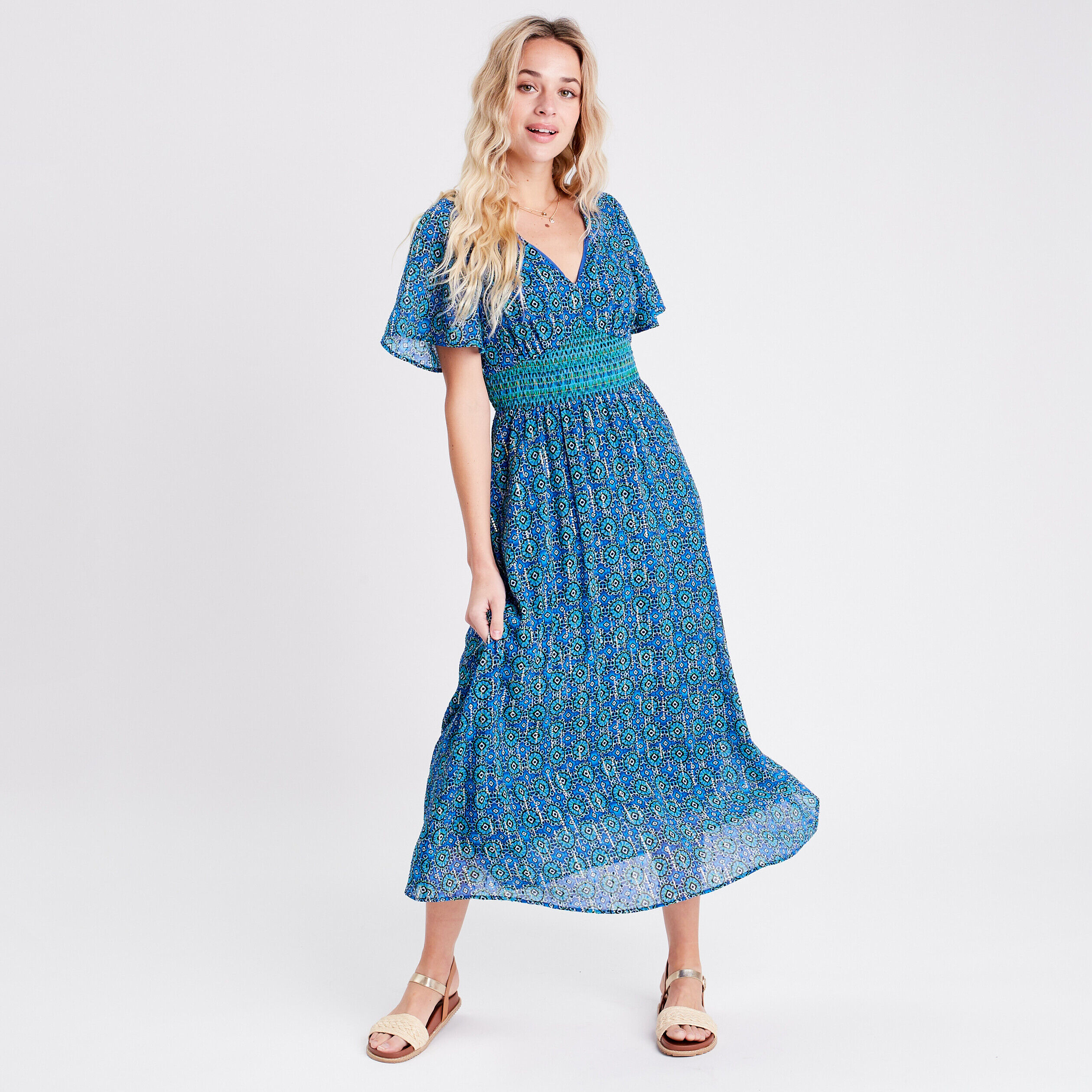 Robe évasée avec manches courtes bleu femme | Cache Cache