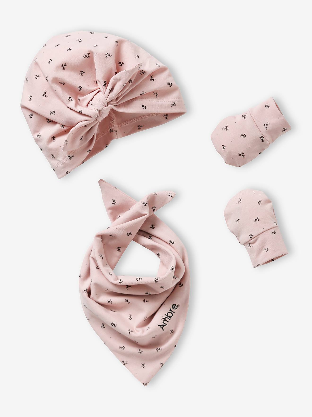 Ensemble bonnet + moufles + foulard + sac bébé fille en maille imprimée personnalisable bois de rose