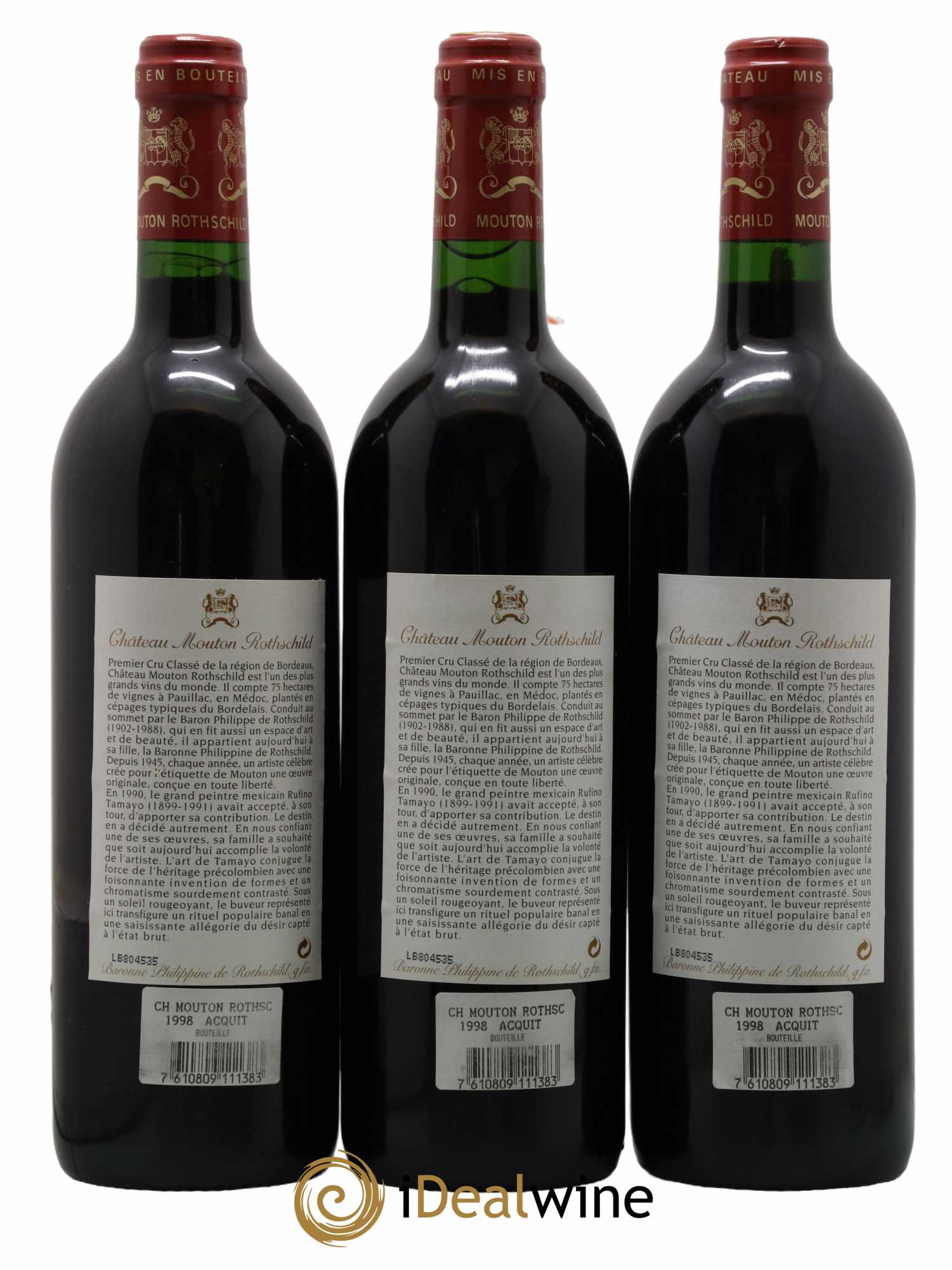 Château Mouton Rothschild 1er Grand Cru Classé  1998 - Lot de 3 Bouteilles