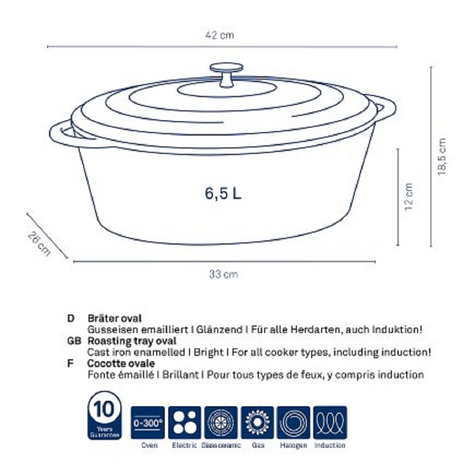 kela Gusseisen Bräter Calido oval Schwarz 6 L