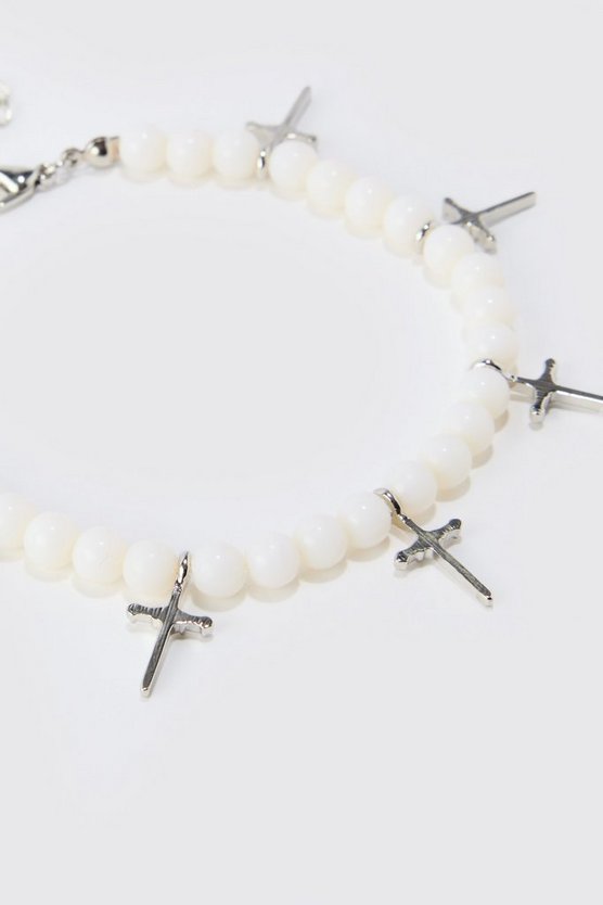 Weißes Perlen-Armband mit Kreuz-Anhänger