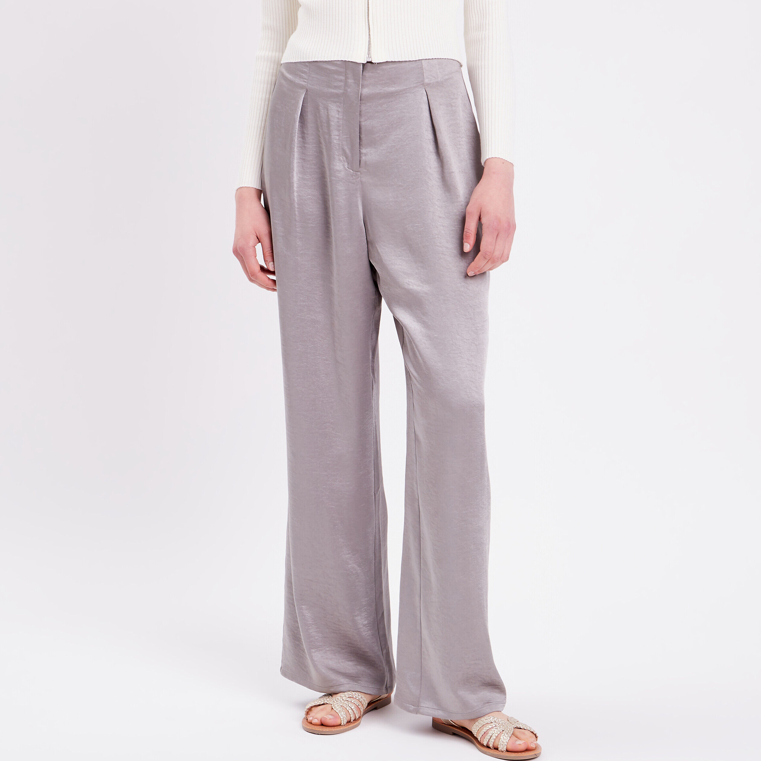 Pantalon large fluide satiné gris argent femme | Cache Cache