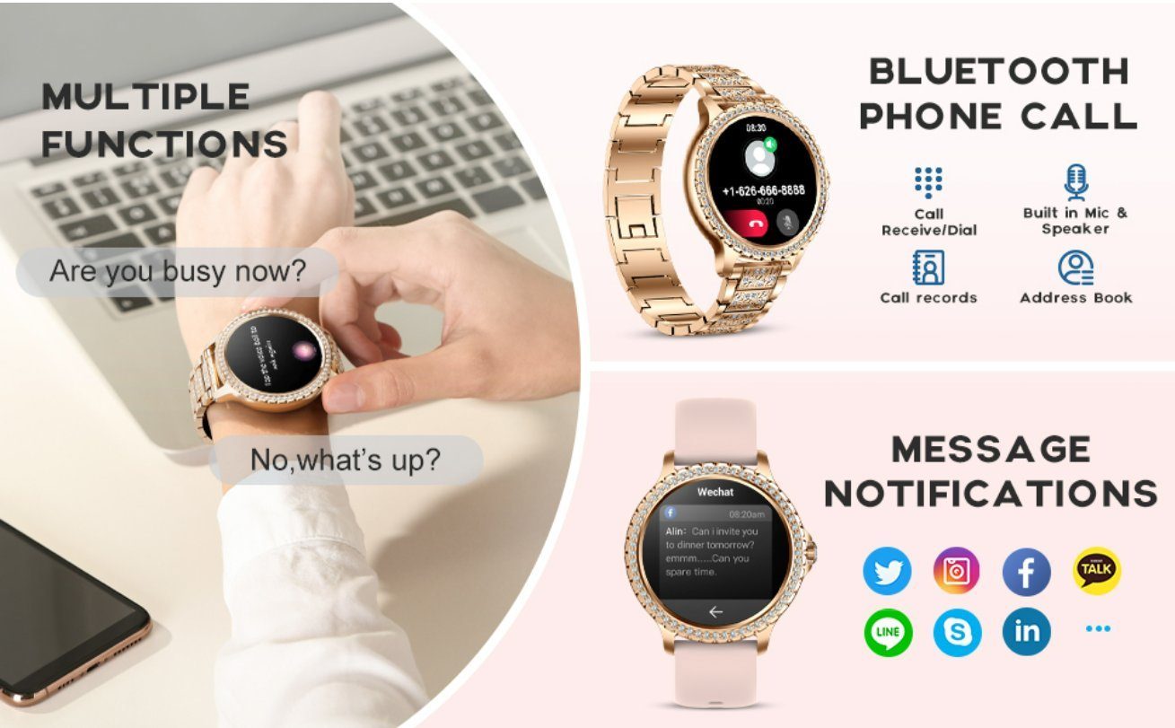 Lige Smartwatch, Damen Mit Telefonfunktion Wasserdicht Rund iOS Android Smart Watch