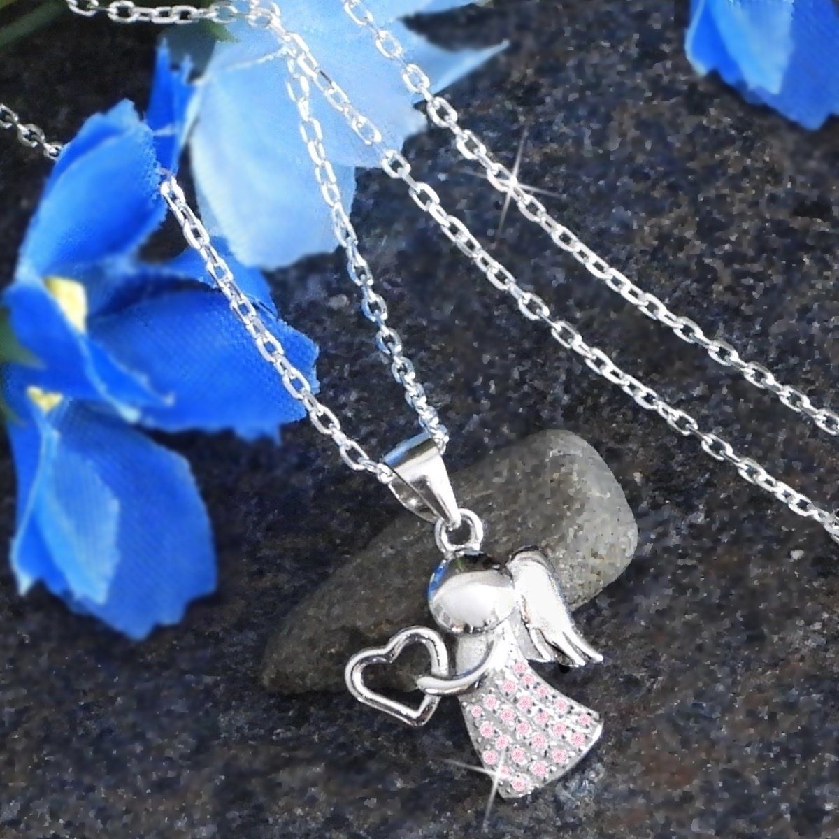 Goldene Hufeisen Engelanhänger Schutzengel Herz Zirkonia Anhänger mit Kette 925 Silber (Halskette Set, inkl. Geschenkbox), Kinderschmuck Engel Kette