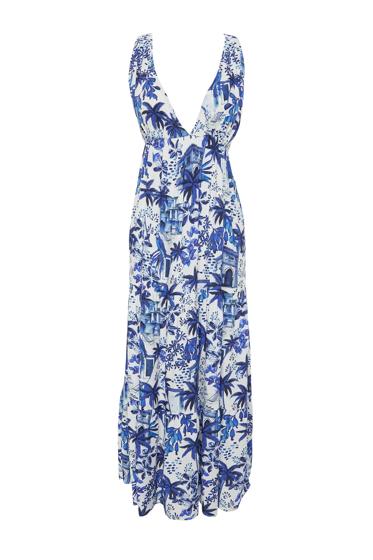 Trendyol Collection  Rückenfreies Maxi-Strandkleid aus Webstoff mit tropischem Muster TBESS24EL00009
