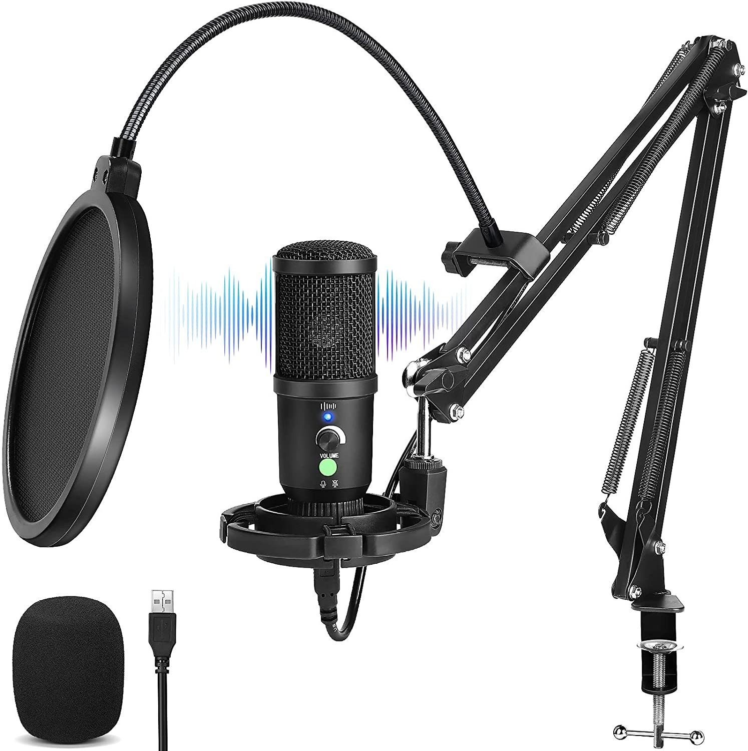 Sintech Mikrofon USB Gaming Mikrofon mit Arm Ständer Popschutz, Mikrophon für Streaming