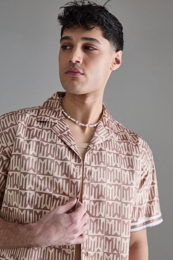 Kurzärmliges Oversize Satin-Hemd mit Monogram
