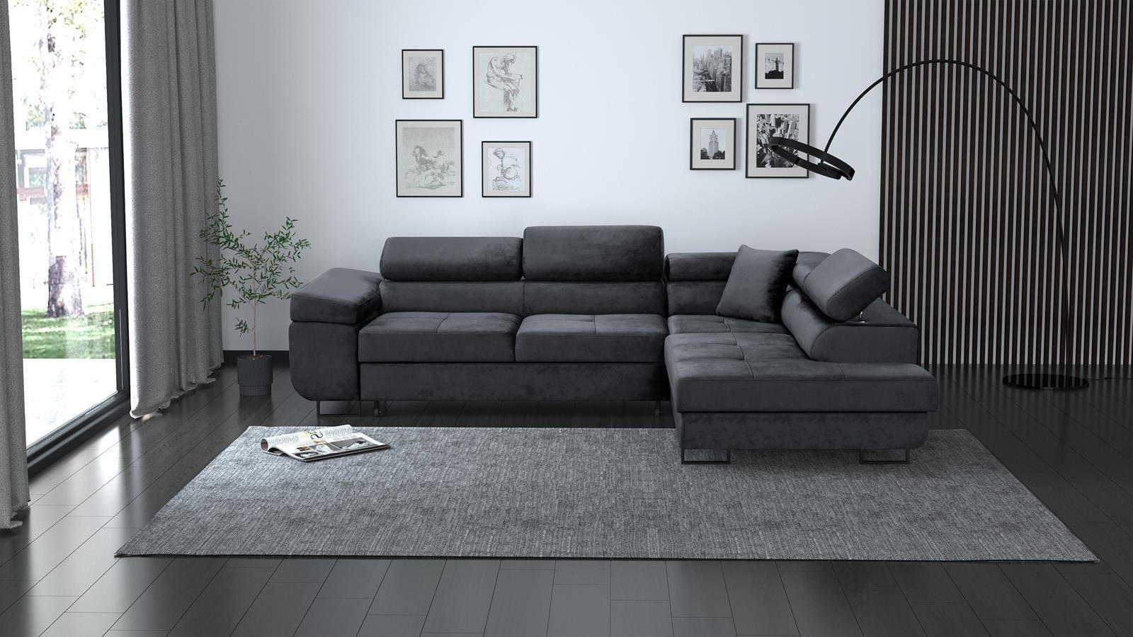 Beautysofa Ecksofa Waldo L, inklusive Schlaffunktion, Bettkasten, mit verstellbaren Kopfstützen, L-förmige Ecke mit Wellenfedern, gepolstertes Schlafecke für Wohnzimmer
