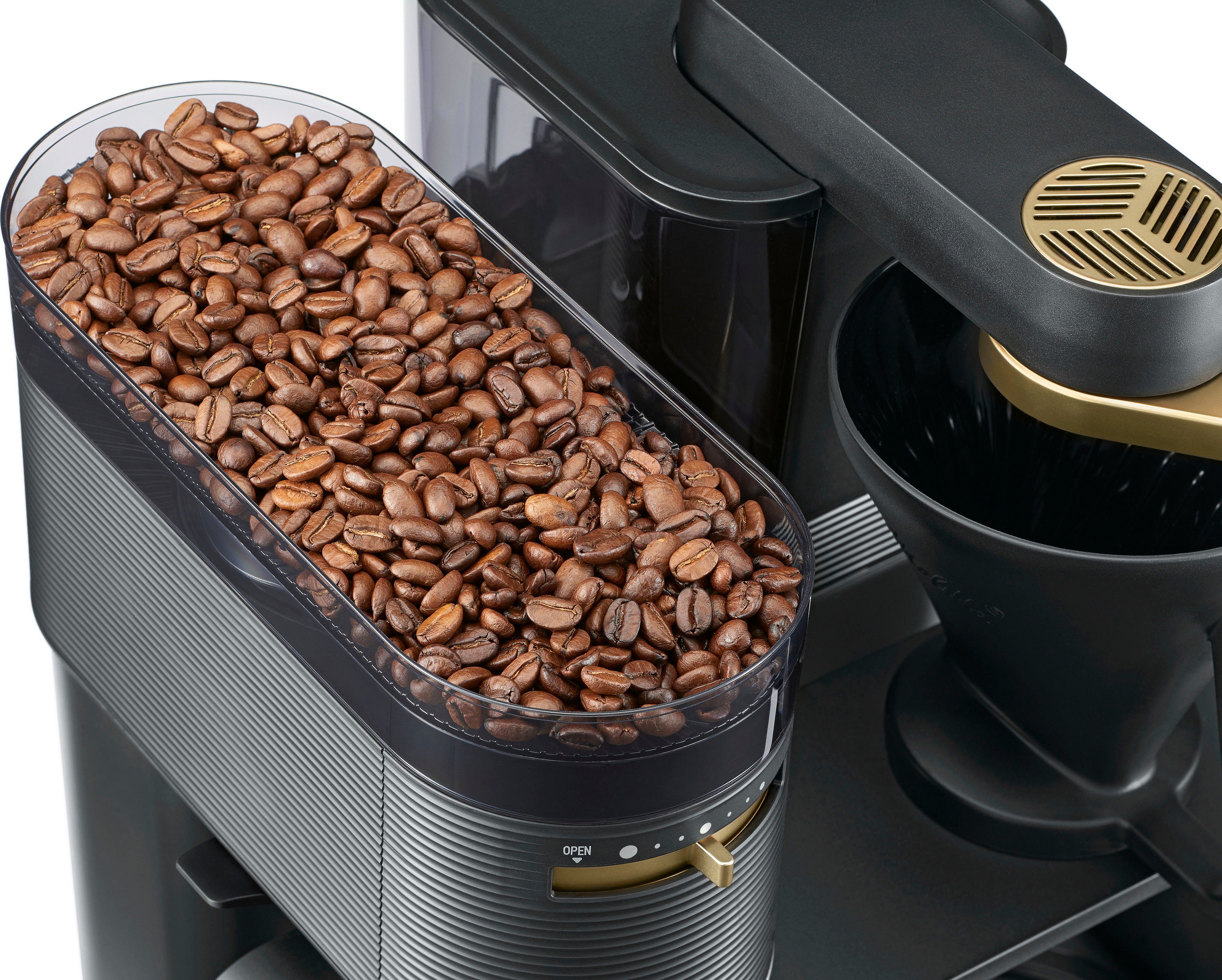 Melitta Kaffeemaschine mit Mahlwerk EPOS® 1024-04, 1l Kaffeekanne, Papierfilter 1x4, Schwarz/Gold, 360°rotierender Wasserauslauf