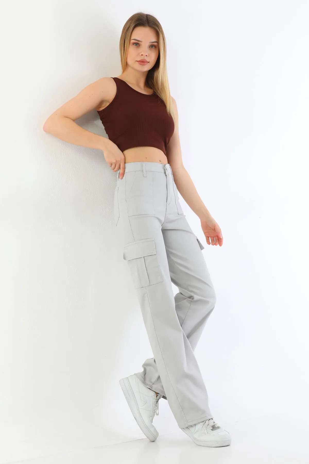 BİKELİFE  Steingraue Cargo-Tasche aus Lycra mit hoher Taille und weitem Bein