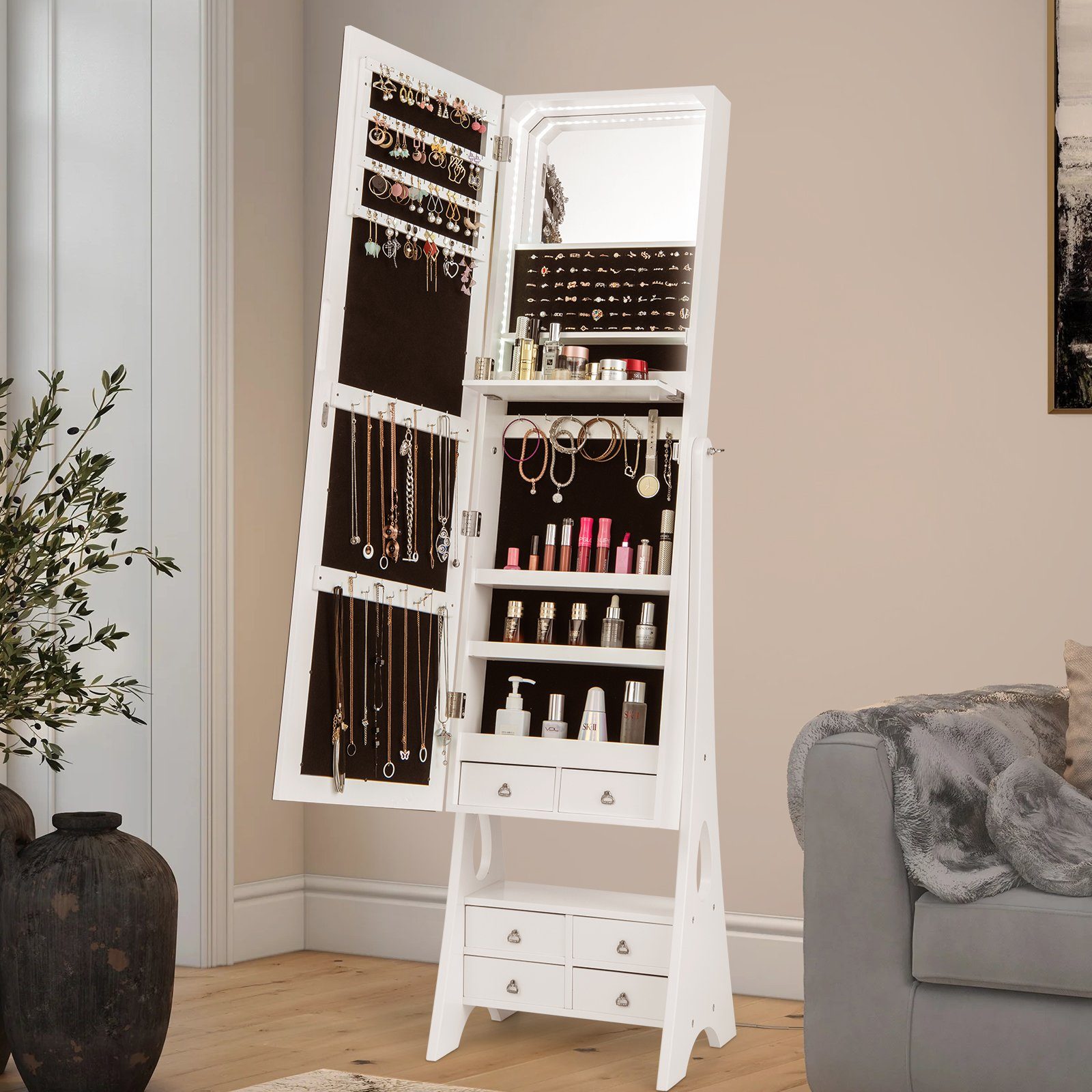 COSTWAY Schmuckschrank stehend, mit Spiegel, LED & Schubladen, weiß, 159cm