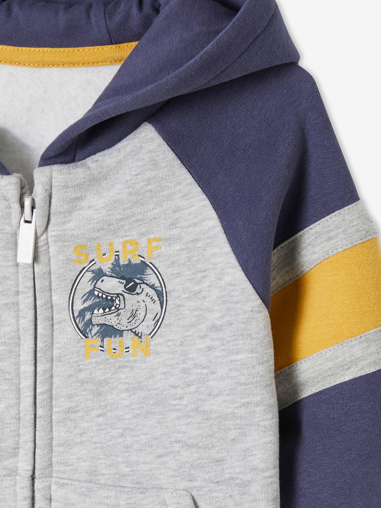 Sweat zippé à capuche grand motif dos garçon gris clair chiné