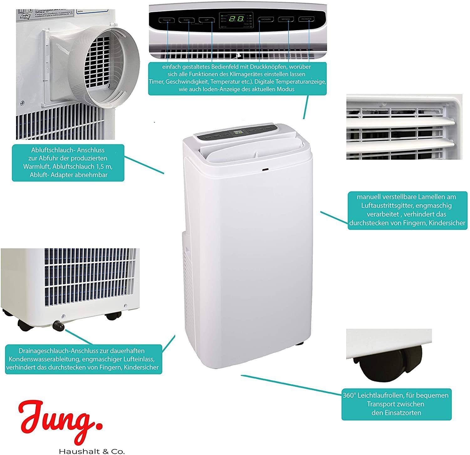 JUNG 3-in-1-Klimagerät TV06 mobile Klimaanlage mit Fernbedienung 3.6 KW, mobiles Klimagerät, 12000BTU leise, Abluftschlauch, Timer Airconditioner Luftkühler Mobil