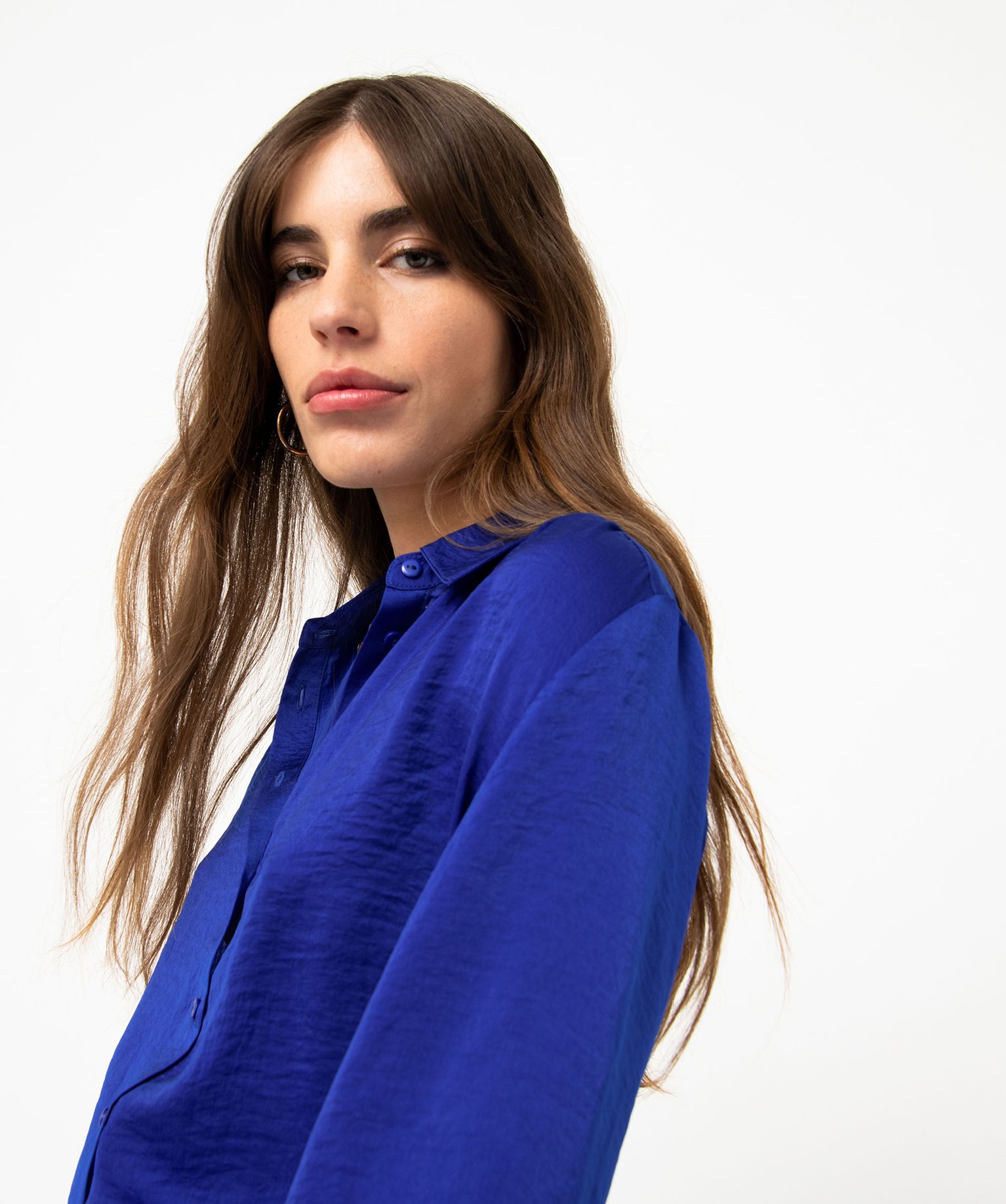 Chemise en satin à manches longues femme bleu | GEMO