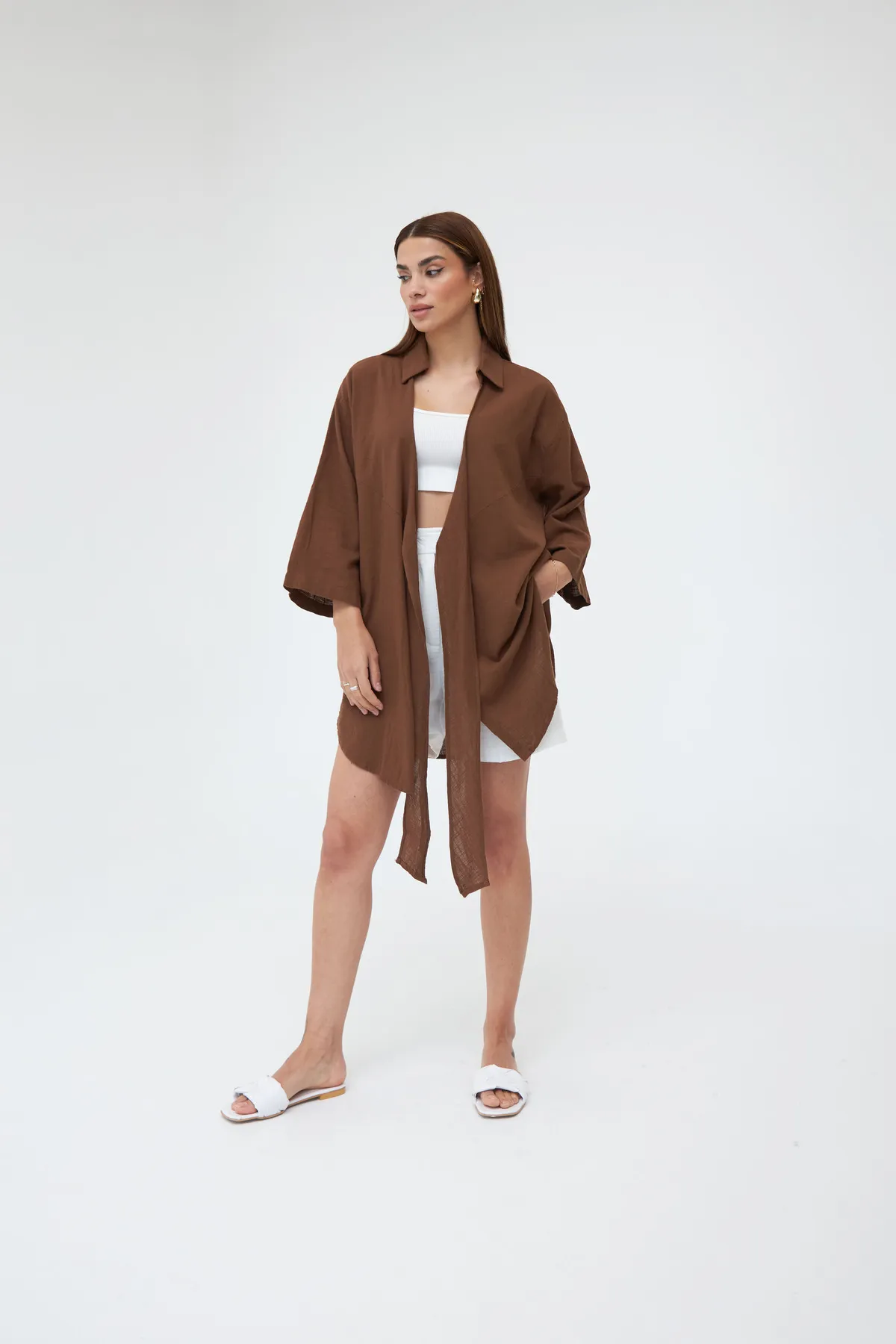 Laluvia  Coffee Flam Leinen-Kimono-Shirt