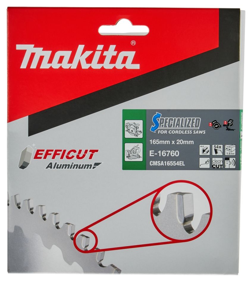 Makita Tilbehør E-16760 Spesialisert Tverrsag- og Sirkelsagblad Aluminium Efficut 165x20mm 54T -3g