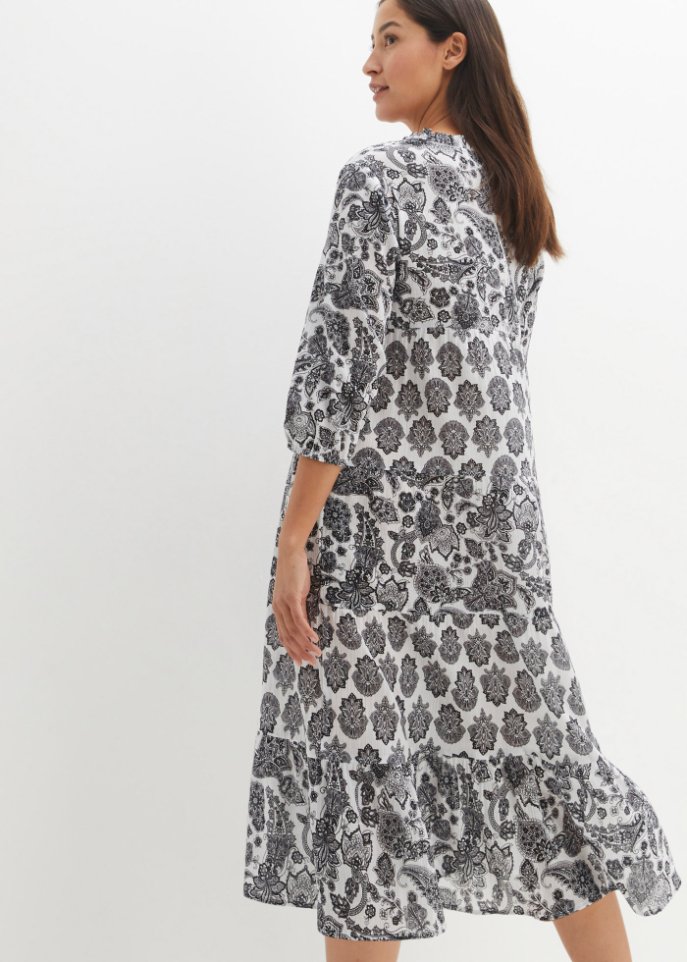 Crincle- Baumwollmidikleid mit Taschen und 3/4- Arm