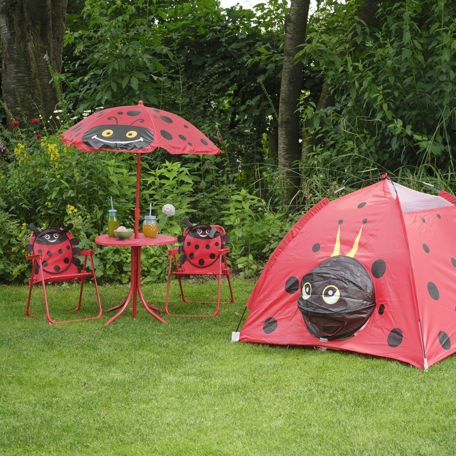 MARELIDA Kindersitzgruppe Marienkäfer LELA 2 Stühle Tisch Sonnenschirm Gartenmöbel Camping 4tlg., (4-tlg)