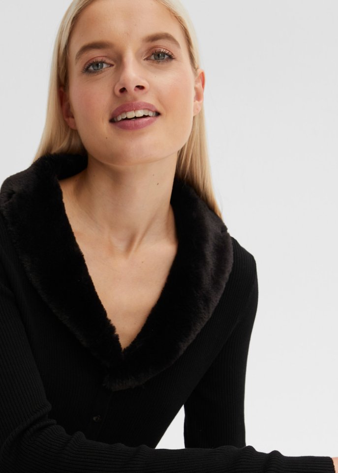 Strickjacke mit Fellimitatkragen