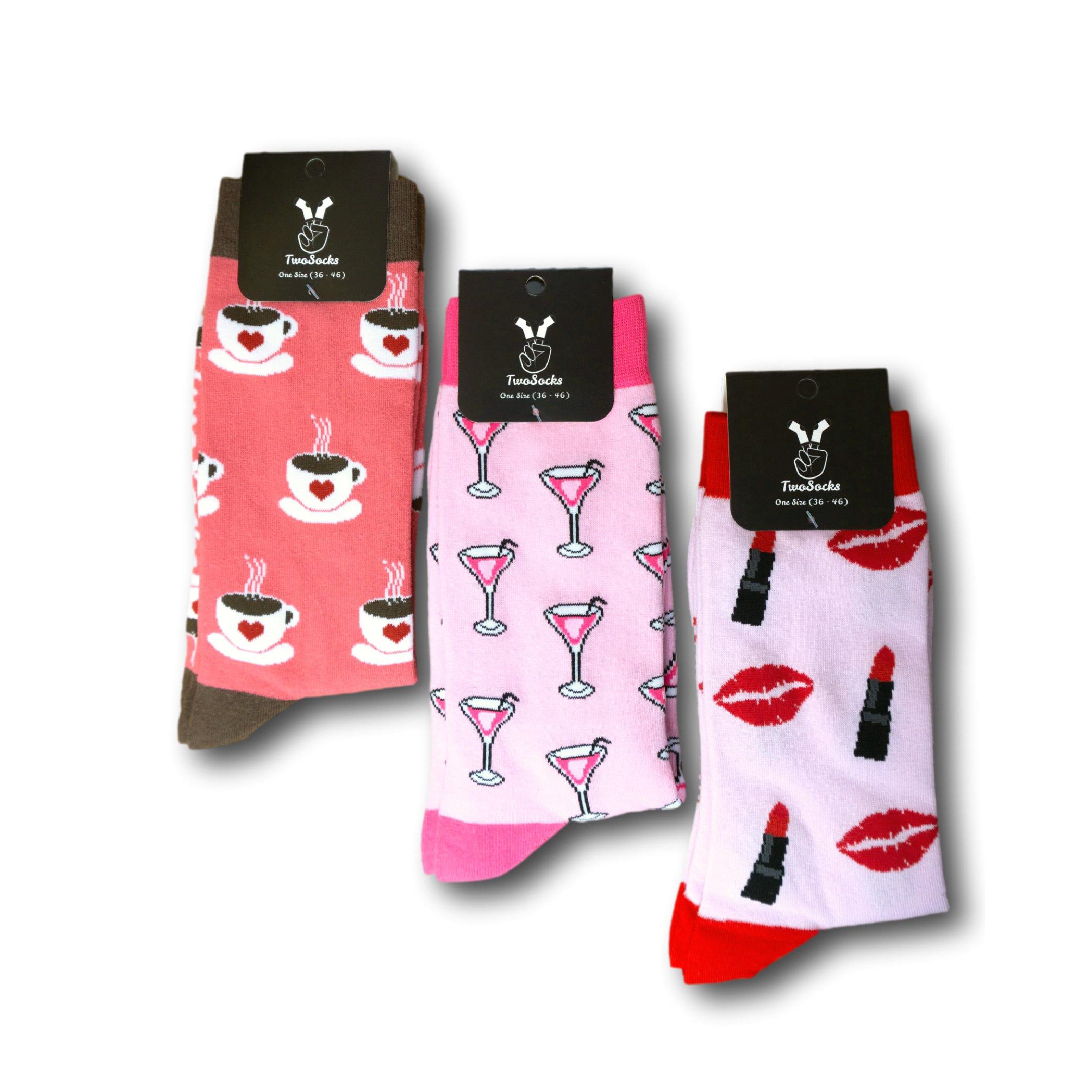 TwoSocks Freizeitsocken Lustige Socken Damen, Kaffee, Kuss, Cocktail, Einheitsgröße (Set, 3 Paar) 3er-Pack