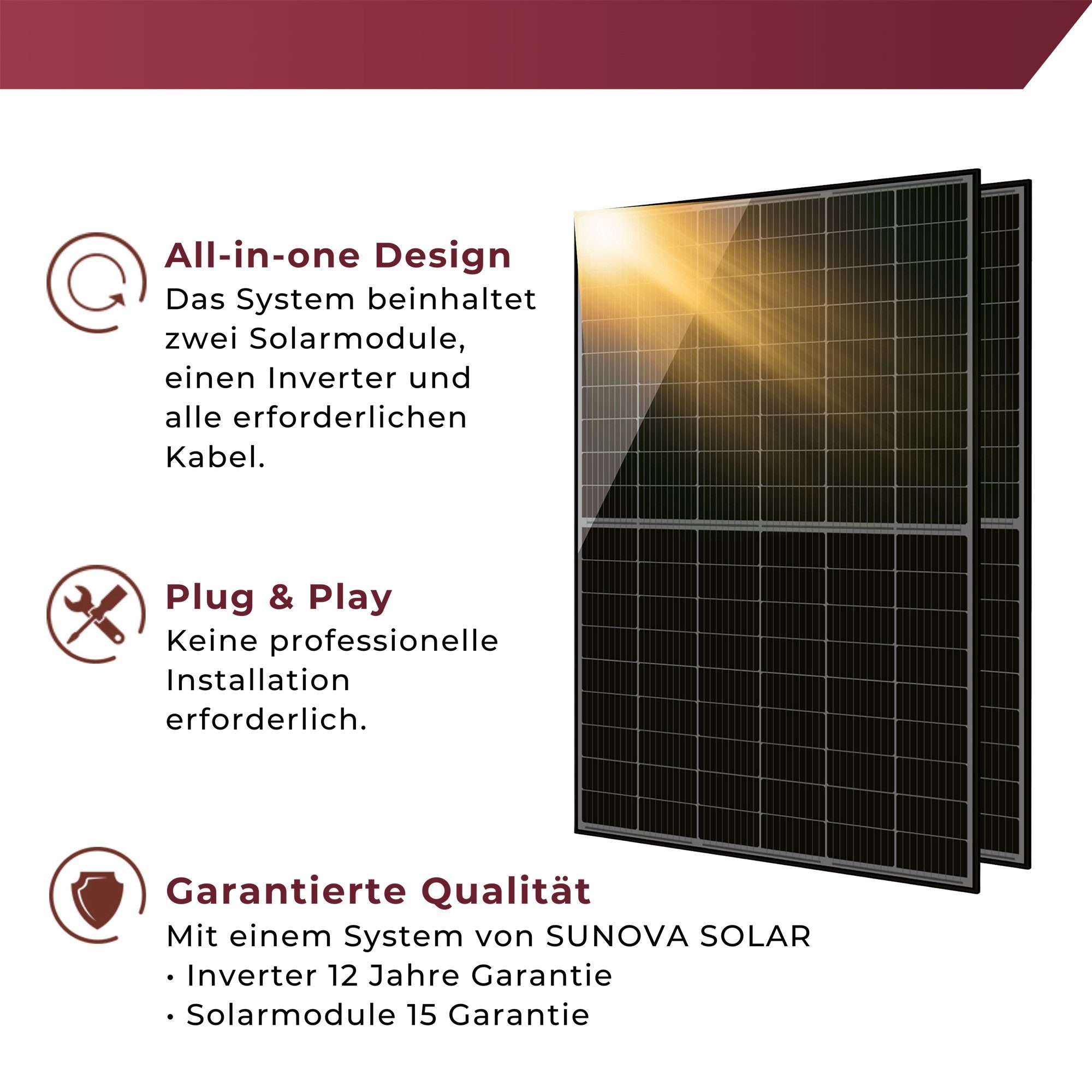 SUNOVA Solar Solaranlage Balkonkraftwerk 820W SunovaSolar 800W Inverter 5m Schukokabel 2x2m DC