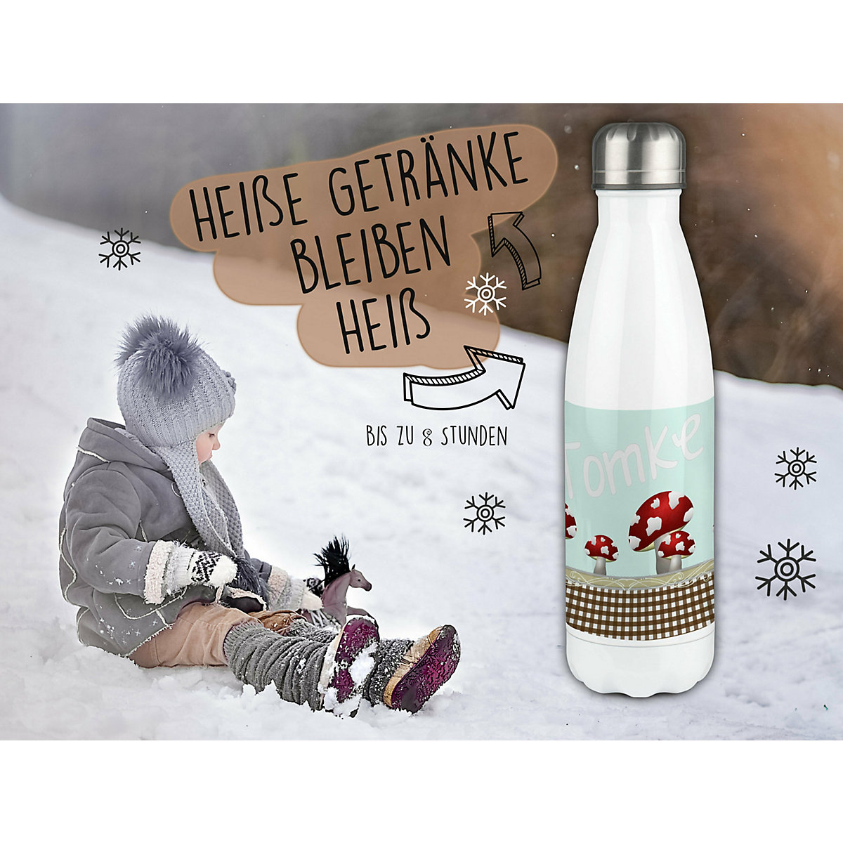 Edelstahl Kinder Thermoflasche / Trinkflasche bunt Pilz Farbe hellblau Spülmaschinenfest, Auslaufsicher, Bruchfest, Doppelwandig, Für Heißgetränke geeignet, Mit Deckel, Isoliert