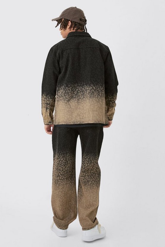Schwarz getöntes Denim-Overshirt mit Leopardenprint