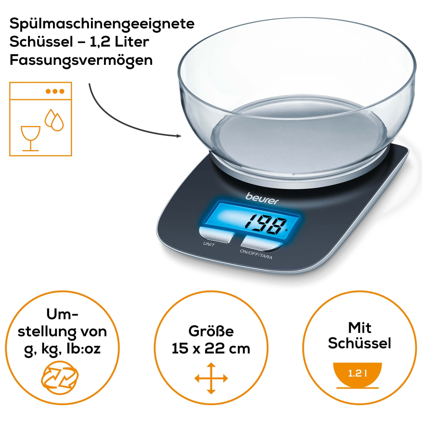 Beurer Küchenwaage - KS 25-Digitale Küchenwaage mit abnehmbarer Schüssel & Displaybeleuchtung
