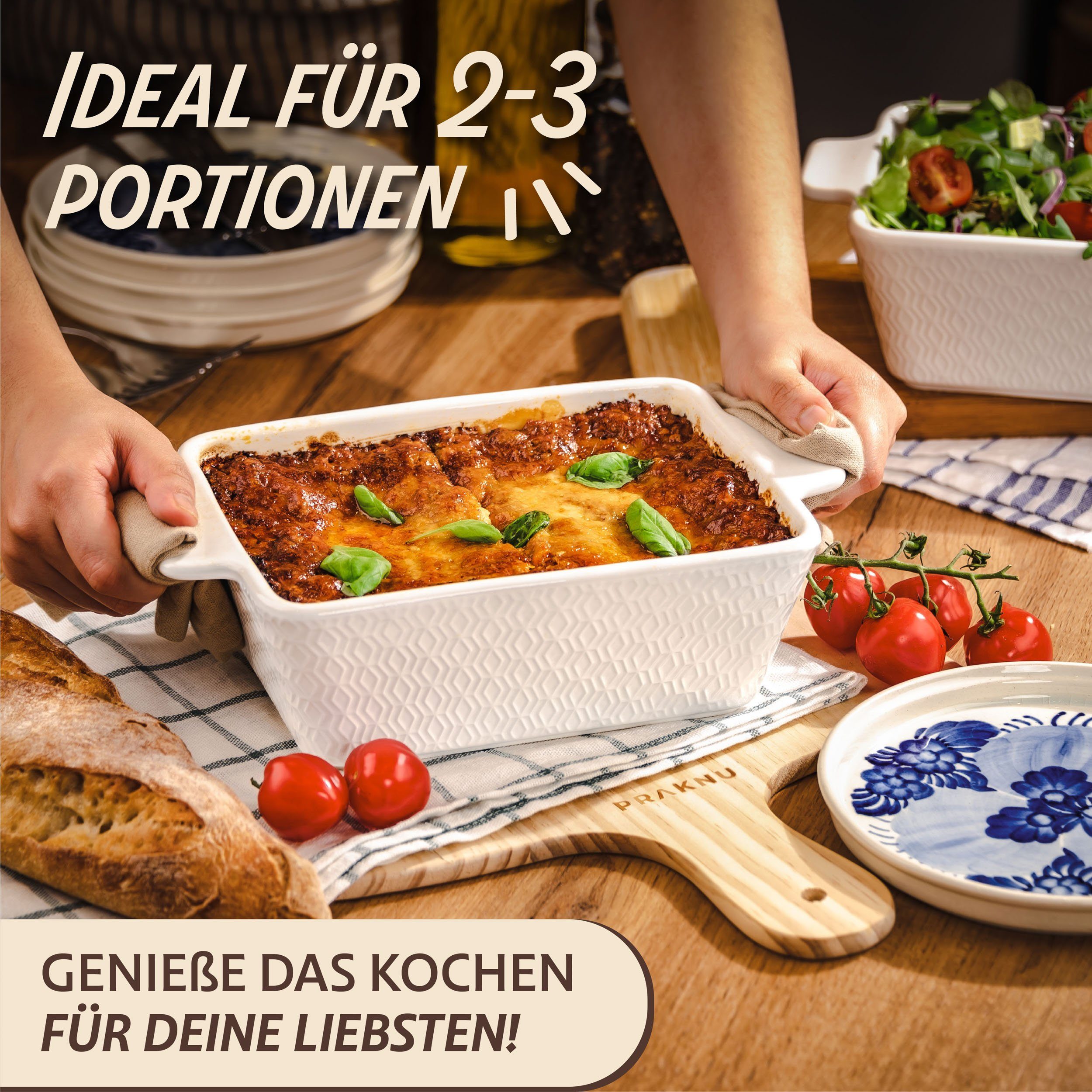 Praknu Auflaufform Klein Ofenfest Ofenform 28 cm 1,4 L - Hoher Rand Mit Antihaftbeschicht, Porzellan - Keramik, (1-St), Für 2 Personen Lasagne, Tiramisu & Auflauf - Hoher Rand - Eckig