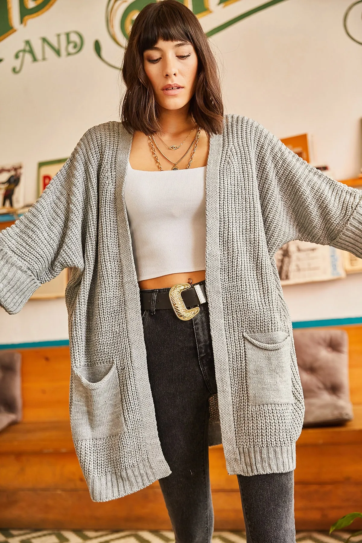 Olalook  Graue Strickjacke mit gefalteten Armtaschen für Damen HRK-19000123
