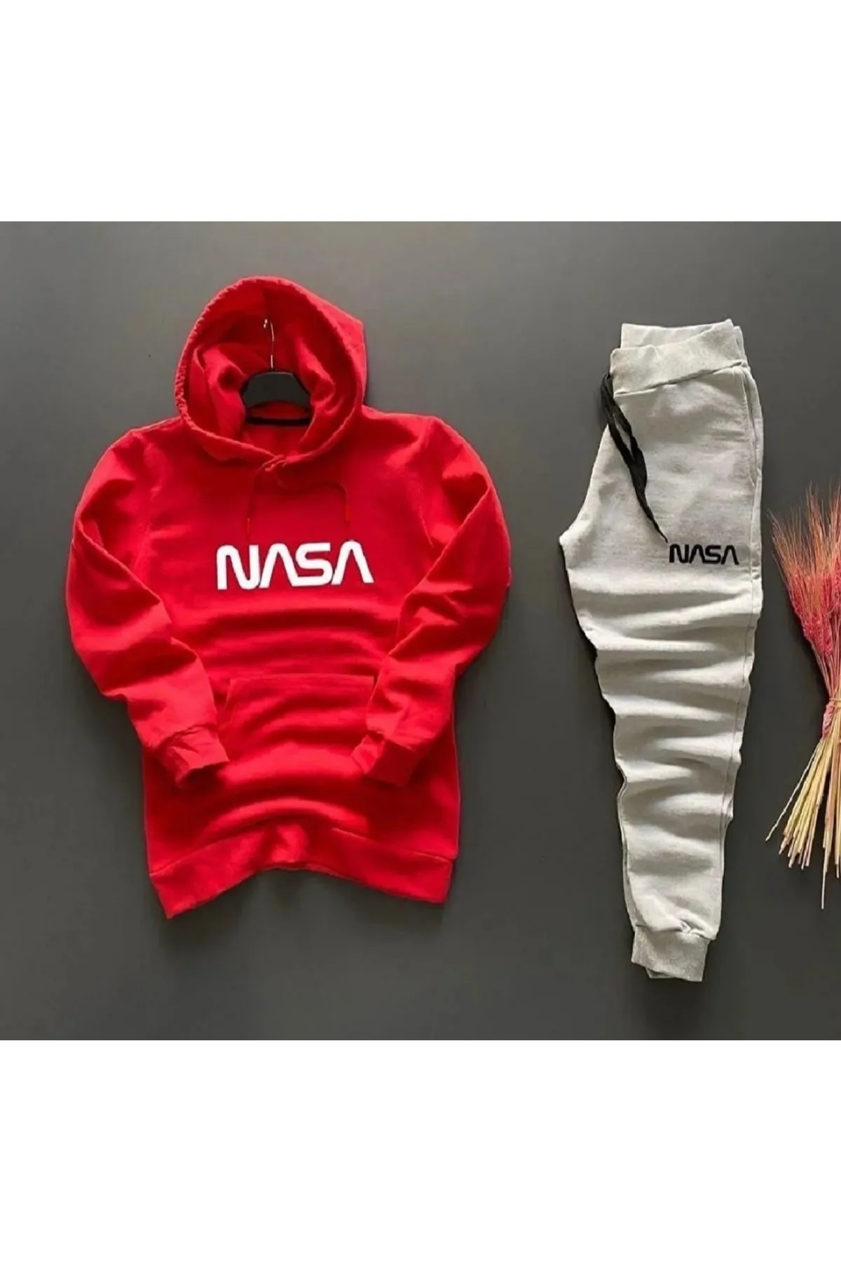 ELSİ  Rot-graues Unisex-Trainingsanzug-Set mit Nasa-Aufdruck
