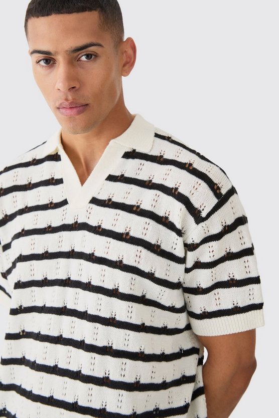 Kurzärmliges gehäkeltes Oversize Poloshirt mit Streifen