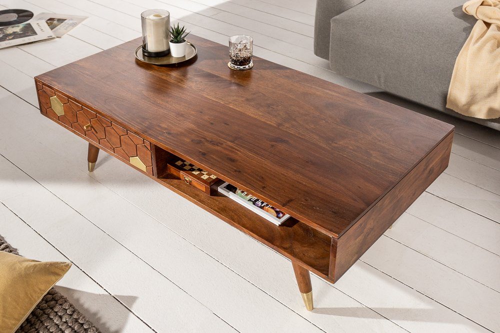 riess-ambiente Couchtisch MYSTIC LIVING 117cm braun / gold (Einzelartikel, 1-St), Wohnzimmer · Massivholz · Ablagefach · Schublade · Retro Design