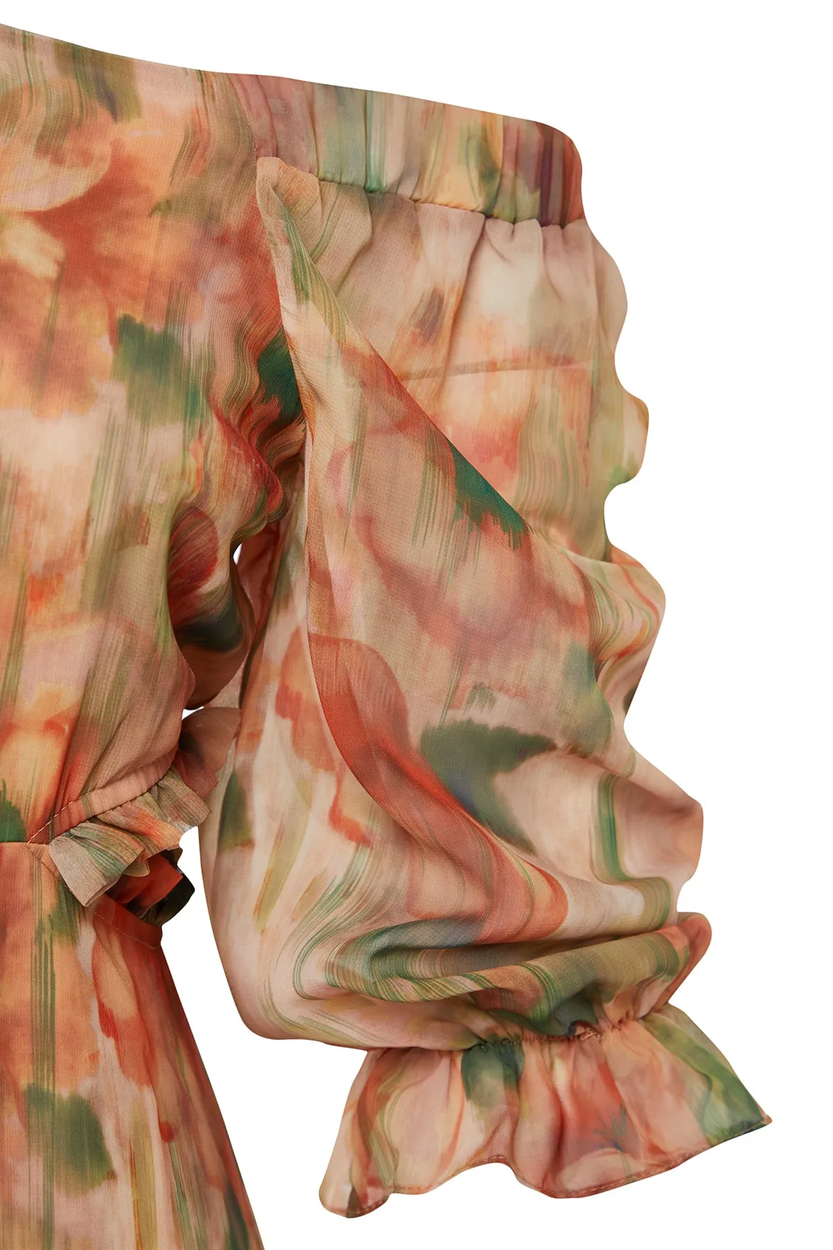 Trendyol Collection  Orangefarbenes, geblümtes A-Linien-/Glockenkleid aus Chiffon mit Carmen-Kragen, gefüttertes Maxikleid aus Webstoff TWOSS23EL02422