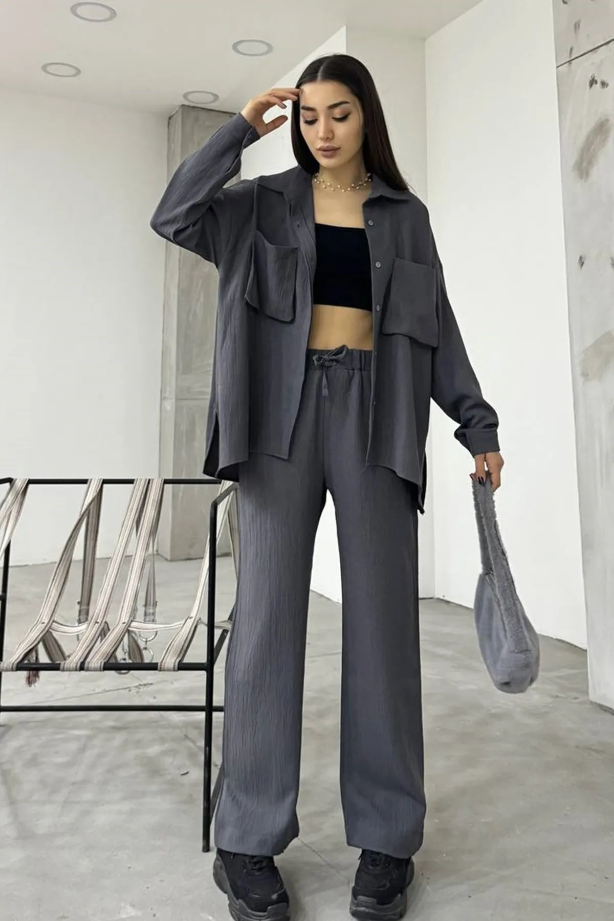 lovebox  Damen Leinenstoff Balgtasche Detail Hemd und Hose Anthrazit Übergröße Doppelset 12093
