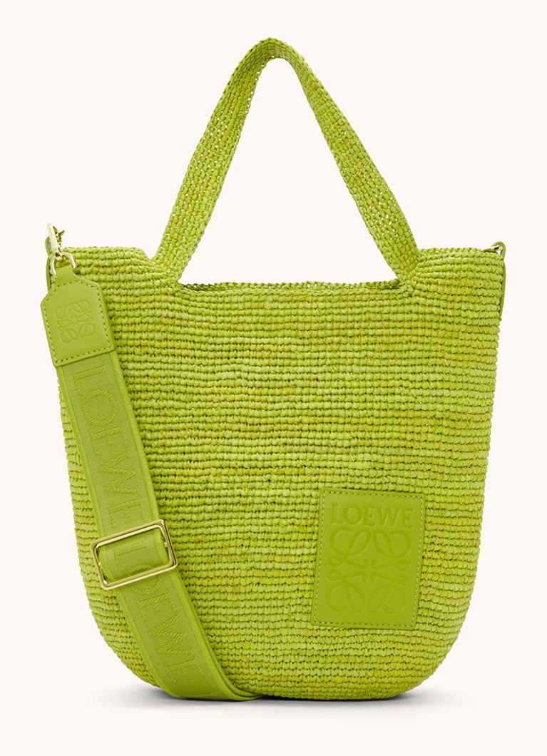 LOEWE Mini Slit -olkalaukku raffiasta, jossa vasikannahkaisia yksityiskohtia