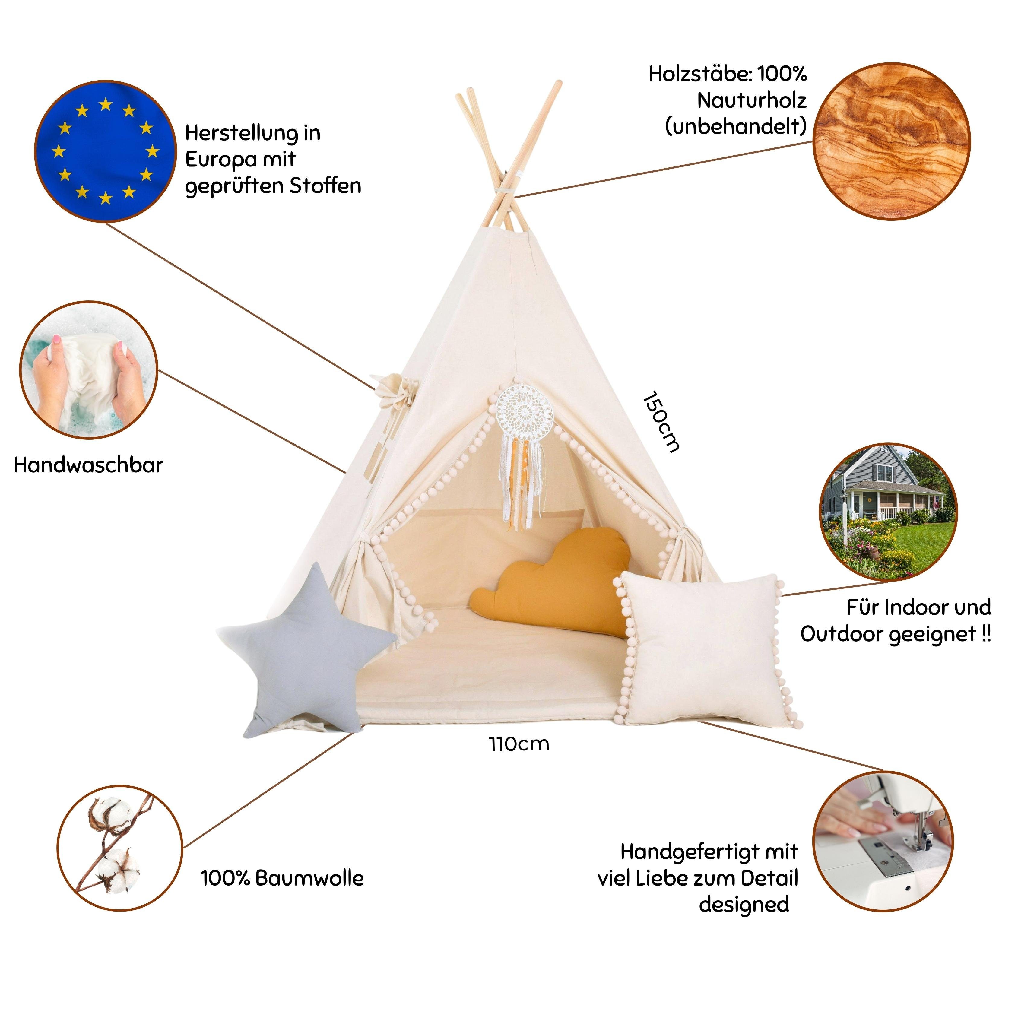 Rainbow Kids Tipi-Zelt Beiger Wolf, Personen: 2 (mit kleinem Zubehör, 4 tlg., mit 2 Kissen und Matte)