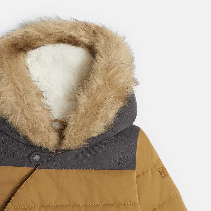Manteau matelassé polaire à capuche bordée marron bébé garçon