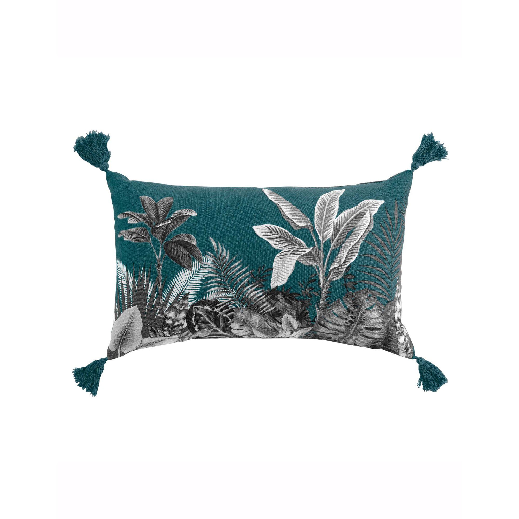 Coussin imprimé tropical pompons