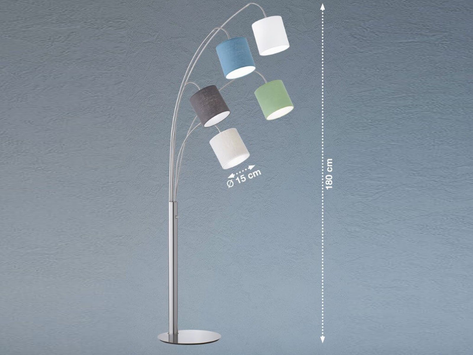 meineWunschleuchte LED Bogenlampe, mitgelieferte Leuchtmittel stufenweise über Lampenschalter dimmbar, LED wechselbar, Warmweiß, Designer Stehlampe ge-bogen mit 5x Stoff Lampenschirm dimmbar H: 180cm